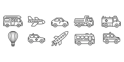 Collection of black line transportation including a camper van airplane car dump truck ambulance hot air balloon taxi rocket and bus in white background © Tania