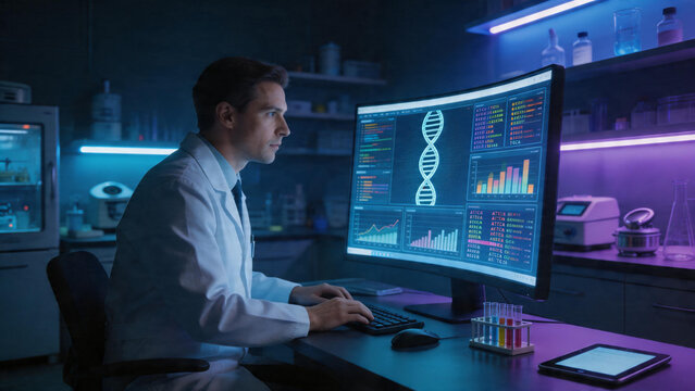 Male medical researcher in a white coat analyzing complex genetic data and DNA helix sequences on a large curved monitor in a dark modern laboratory with high-tech equipment and neon lighting.
