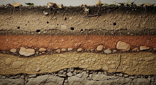 Colorful Soil Cross Section with Layered Earth and Rocks