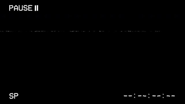 VHS video tape pause screen overlay with static distortion, analog noise, and timestamp. Vhs interface overlay with alpha channel. 