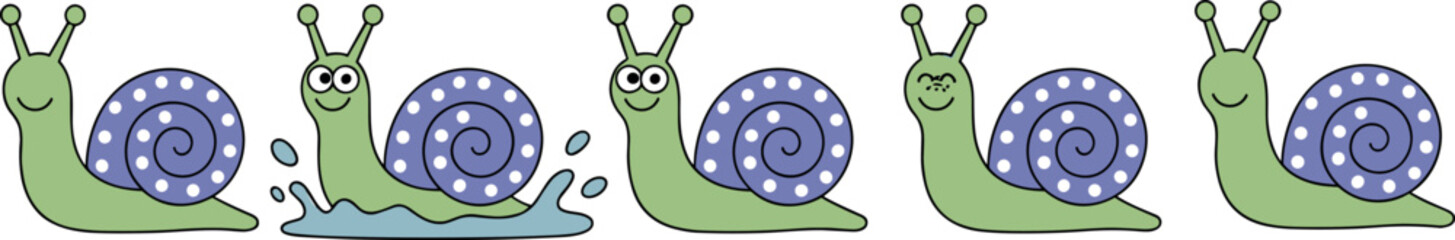 Set of cute cartoon snail characters with purple polka dot shells in various poses including fast moving and smiling expressions © MdMahedi