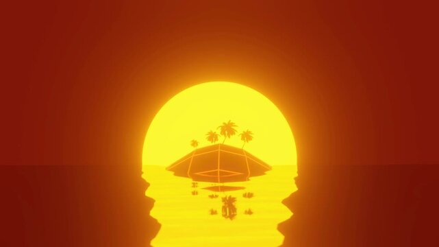 Retro synthwave sunset with low-poly tropical island and palm trees in a glowing digital ocean.
