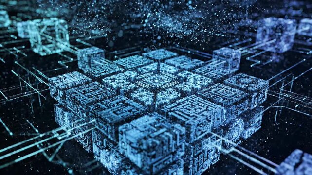 Futuristic Digital Cube Network Visualization With Blocks.