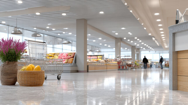 Self service checkout zone with tall payment terminals and shopping cart in bright supermarket interior for retail background and store design