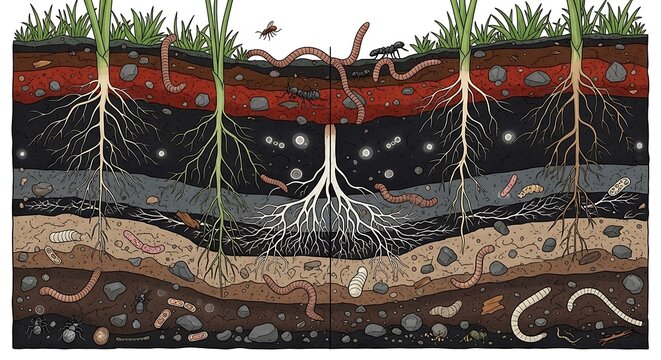 Cross Section of Soil Layers with Roots and Worms Under Grass