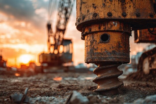 Closeup auger drilling into soil, mud and debris flying. Industrial drill bit digging. Operating heavy rig for building footings, gritty, warm backlight. Dust fill the air. Active construction work