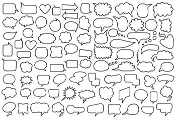 Naklejka premium Comic speech bubbles. Dialog clouds and arrows for social media meme templates and chatbot UI designs. Hand drawn elements of contour badges. Text bubble stickers. Vector set empty thought balloons