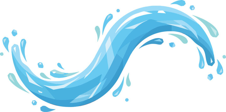 Dynamic splash of clear blue water erupting and flowing against a white background, high-resolution vector illustration showing liquid droplets, ripples, and crystal clear wave motion.