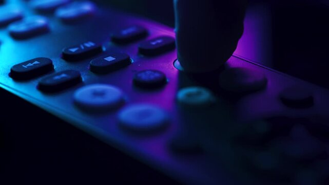 Macro view of finger pressing volume button on remote control