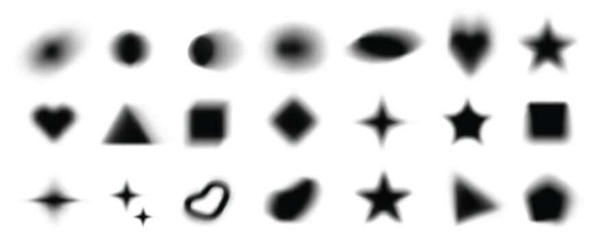 Grunge blurry black shapes. Heart and sparkle icons Y2K aesthetic, soft gradient vintage art effect. Abstract vector blots and stars for digital sticker, button or background design