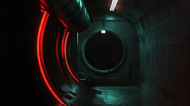 Futuristic dark underground tunnel with glowing red neon lights on metal structures and a large circular portal in the darkness, evoking a mysterious atmosphere