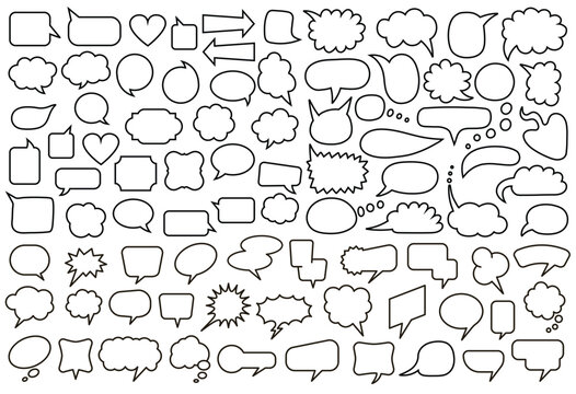 Comic speech bubbles. Dialog clouds and arrows for social media meme templates and chatbot UI designs. Hand drawn elements of contour badges. Text bubble stickers. Vector set empty thought balloons