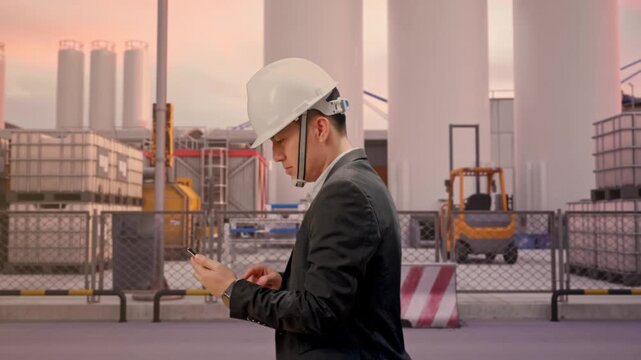 Side View of Asian Businessman Use Smartphone While Walking at Storage Facility with IBC Totes, Large Silos and Safety Barriers at Sunset