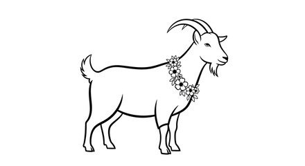Fototapeta premium Goat illustration, black line art goat, floral collar, simple animal design, eps vector graphic isolated on White Background