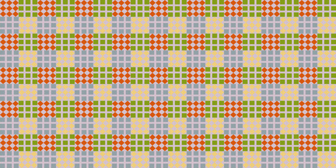 Seamless Geometric Pixel Pattern with Orange and Green Checkered Motifs, Tileable Mosaic Textile Background for Retro Fabric Prints, Digital Scrapbooking, and Web Design Wallpaper. © supachai
