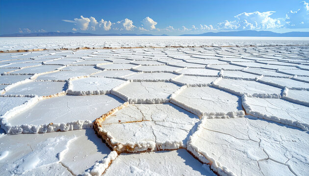 Vast white salt flat with distinctive hexagonal patterns stretching under a clear blue sky with distant clouds.