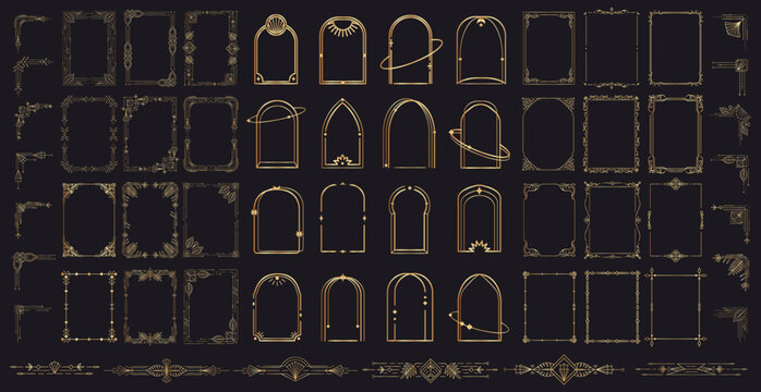 Vintage golden calligraphic frames with filigree arches and floral corners on black background. Vector set of ornate portals calligraphy frame, ornamental borders and filigree decorative dividers
