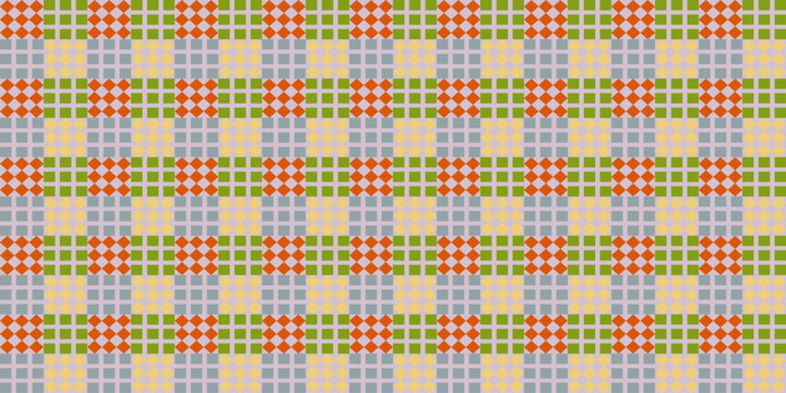 Seamless Geometric Pixel Pattern with Orange and Green Checkered Motifs, Tileable Mosaic Textile Background for Retro Fabric Prints, Digital Scrapbooking, and Web Design Wallpaper.