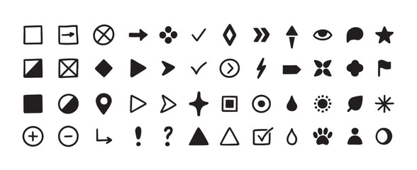 Naklejka premium Bullet arrow check with points icons tick for cross close plus. Minus play triangle with star eye flag for user person leaf. Droplet arrows bullet with button points doodle for icons location pin.