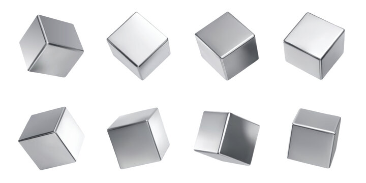 Silver 3d set with cubes metallic cube and chrome square geometric. Metal shape render with realistic vector reflective and glossy shiny smooth. Isolated element silver with luxury tech cubes.
