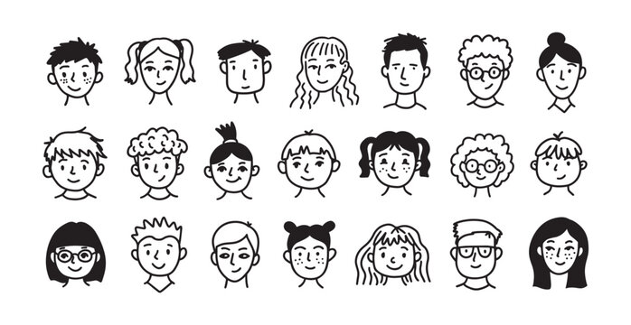 Avatar profile head for kids portrait user and avatars heads people. Person face character for children kid boy and girl teen adult. Avatar faces emoji for kids black set and portrait users outline.