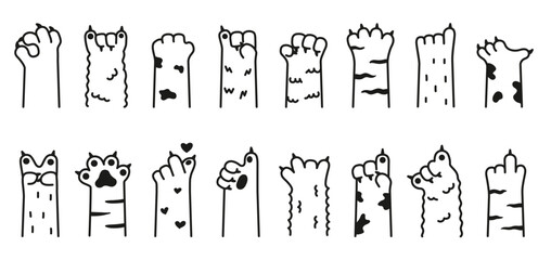 Fototapeta premium Cute cat animal paw gesture set, funny doodle hands, playful rude signs, heart poses, expressive mood. Sticker, print, emoji, social media design. Vector illustration.