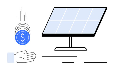 Green energy, sustainability, investment strategy, renewable resources, clean energy solutions, eco-technology. Blue coins falling into an open hand next to a solar panel. Renewable energy © robu_s