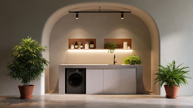Contemporary Laundry Design: A beautifully designed modern laundry space, with integrated appliances and elegant decor, creating a serene and functional environment.