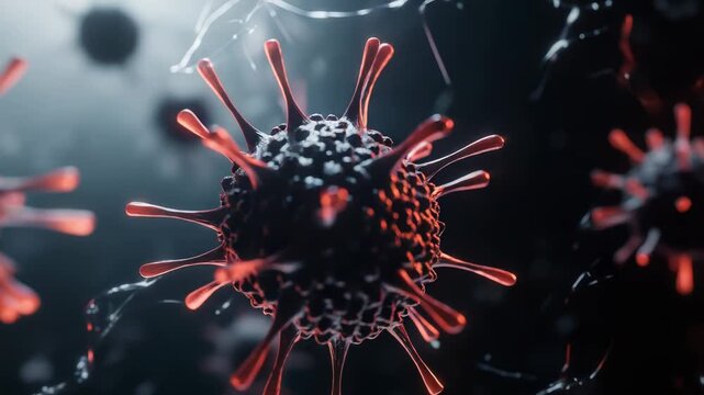 Close up view of disease causing microorganisms with spike proteins, illustrating a microscopic pathogen affecting public health and global pandemic concerns