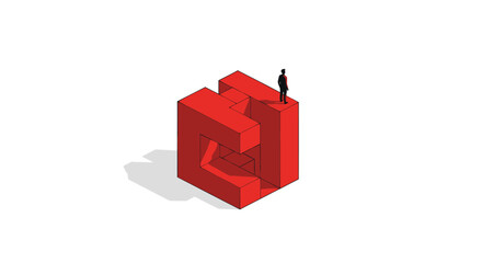 Man stands on top of a red abstract shape. © Marchell