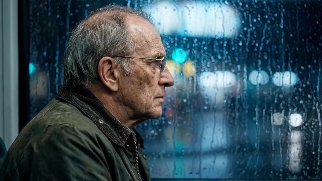 Thoughtful senior man gazes out of a rainy window on a bus ride.