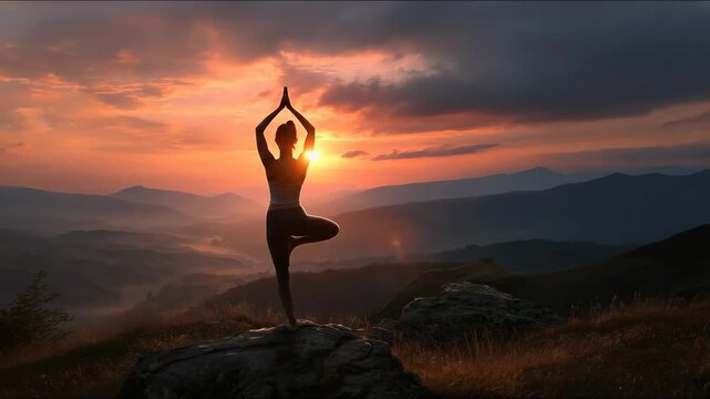 Female silhouette, yoga practice, elegant tree pose, achieving perfect balance, majestic mountain landscape, vibrant sunset glow, spiritual wellness, serene natural harmony, peaceful mind