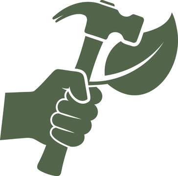 Green hand holding hammer and leaf icon