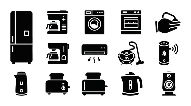 Home appliances icon set solid black silhouette, kitchen electronics collection, white background