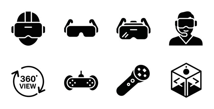 Virtual reality icon set with VR headset, controller and 360 view symbols, white background