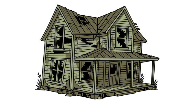 Dilapidated house illustration weathered exterior with broken windows and porch