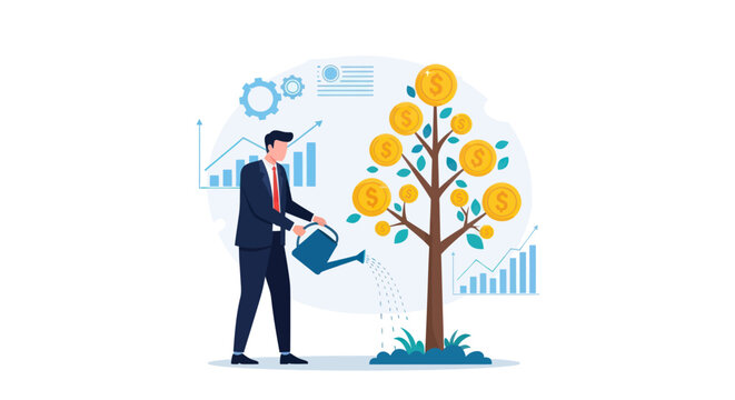 Businessman watering a money tree for financial growth and investment success illustration