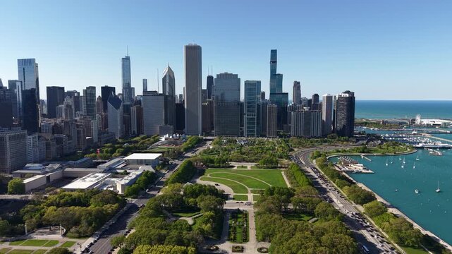 Chicago Cityscape Skyline, Drone Shot of Millennium Park, Downtown Skyscrapers and Lake Michigan, Illinois USA