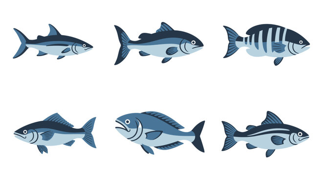 Set of blue fish illustrations for design and educational projects