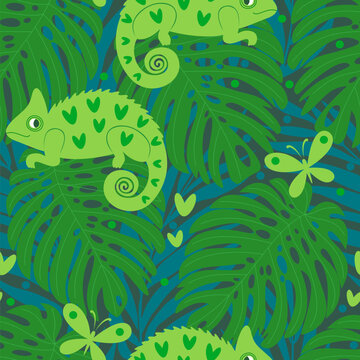 Vector seamless pattern with cute chameleons in the jungle forest