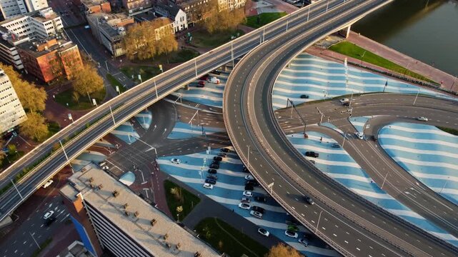 Blauwe Golven by Peter Struycken at Roermondsplein Arnhem Gelderland Netherlands shows large scale blue white brick wave pattern referencing historic harbor integrated with highway ramps, aerial