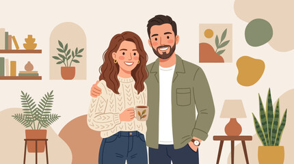 Fototapeta premium Cheerful Couple Embracing Warmly Indoors Beside Indoor Plants and Bookshelves