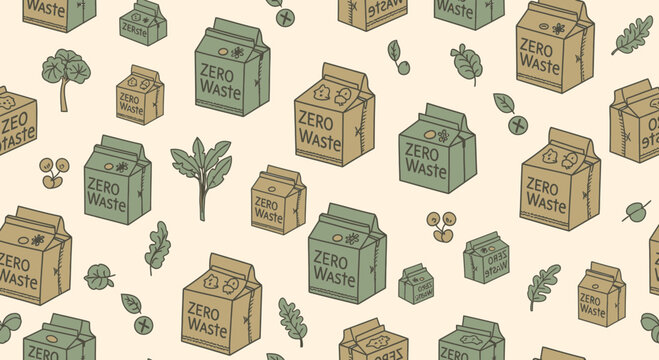 Zero Waste Packaging Pattern: Sustainable Eco-friendly Boxes and Leaves Seamless Background