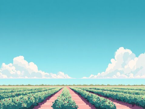Vast sunny berry fields under clear blue sky with fluffy white clouds