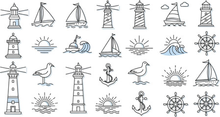 Naklejka premium Beach line art illustration set