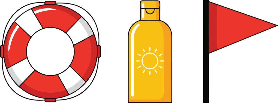 Summer vacation line icons beach sun and tropical leisure elements