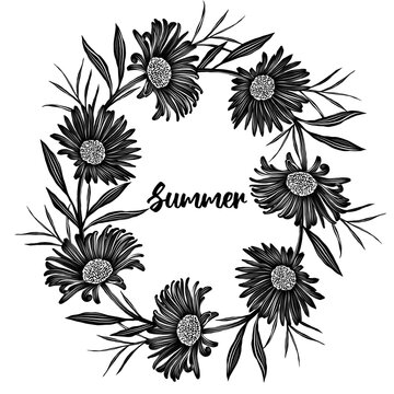 Vector black and white frame with chrysanthemum flowers and leaves