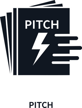 A black and white icon of a book with a lightning bolt on the cover titled pitch