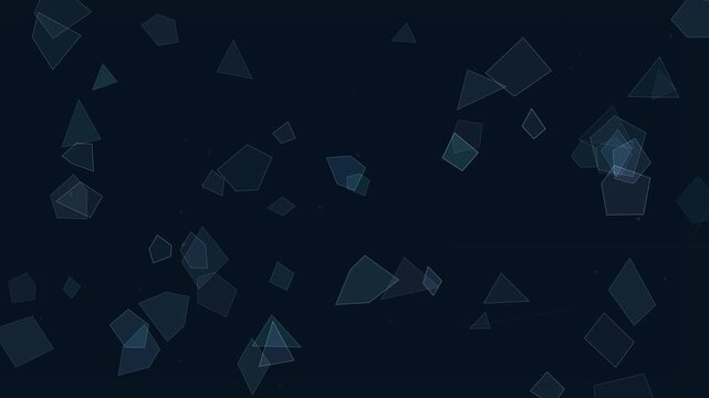 Abstract geometric bokeh background with floating blue polygons, soft translucent shapes drifting across a dark navy field. Minimalist motion graphic featuring ethereal pentagons and triangles