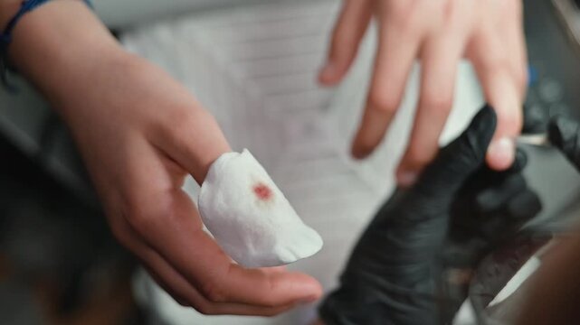 A cotton pad with a blood stain on a client's finger during a manicure procedure
